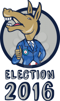 Illustration of a democrat donkey mascot of the democratic grand old party gop looking to the side showing thumbs up with American stars and stripes flag suit done in cartoon style set inside circle w