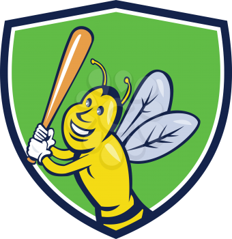 Cartoon style illustration of a killer bee baseball player smiling holding bat batting viewed from the front set inside shield crest on isolated background. 