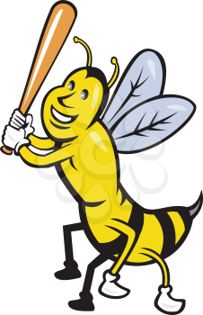 Cartoon style illustration of a killer bee baseball player smiling holding bat batting viewed from the front set on isolated white background. 