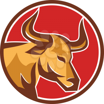 Illustration of a texas longhorn bull head viewed from side set inside circle on isolated background done in retro style. 