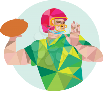 Low polygon style illustration of an american football gridiron quarterback qb player throwing ball viewed from the side set on isolated white background. 
