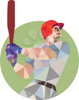 Low polygon style illustration of an american baseball player batter hitter holding bat batting viewed from the side set inside circle on isolated background.