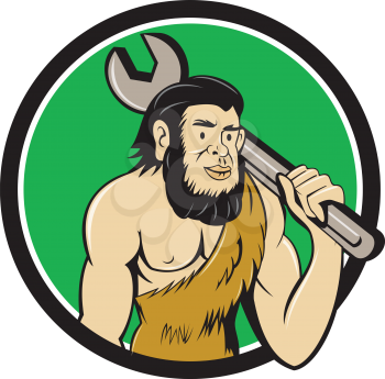 Illustration of a neanderthal man or caveman carrying spanner on shoulder set inside circle on isolated background done in cartoon style.