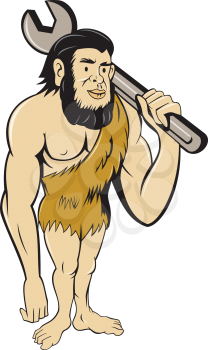 Illustration of a neanderthal man or caveman standing carrying spanner on shoulder set on isolated white background done in cartoon style.