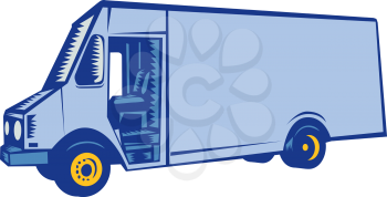 Illustration of a closed delivery van truck viewed from the side set on isolated white background done in retro woodcut style. 