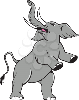 Illustration of an african elephant prancing looking up to the side set on isolated white background done in cartoon style. 