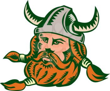 Illustration of a norseman viking warrior raider barbarian head wearing horned helmet with beard set on isolated white background done in retro woodcut style. 
