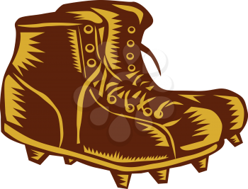 Illustration of a vintage style football rugby boots viewed from side set on isolated white background done in retro woodcut style. 