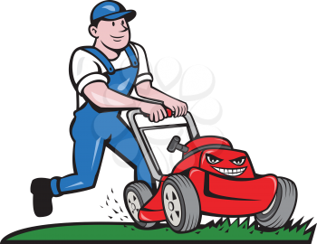 Illustration of a gardener wearing hat and overalls with lawnmower mowing lawn viewed from front set on isolated white background done in cartoon style. 