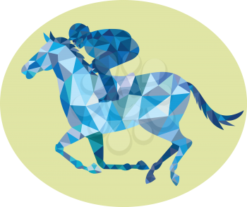 Low Polygon style illustration of horse and jockey racing viewed from the side set inside oval shape on isolated background.