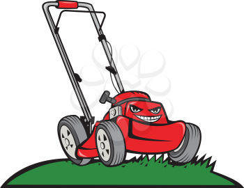 Illustration of a lawnmower on grass viewed from front set on isolated white background done in cartoon style. 