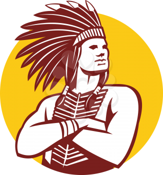 Illustration of a native american indian chief wearing feather headdress with arms folded looking to the side viewed from front done in retro style set inside circle on isolated background.