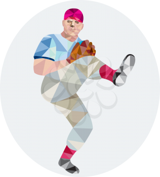 Low polygon style illustration of an american baseball player pitcher outfilelder with leg up getting ready to throw ball set on isolated white background.
