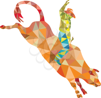 Low polygon style illustration of a rodeo cowboy riding bucking bull viewed from the side set on isolated white background.