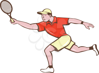 Illustration of a tennis player holding racquet playing tennis doing a forehand shot viewed from the side set on isolated white background done in cartoon style. 