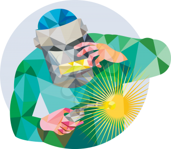 Low Polygon style illustration of welder worker with mask holding welding torch welding viewed from front set inside circle on isolated background. 