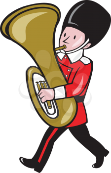 Illustration of a brass band member playing tuba set on isolated white background done in cartoon style. 