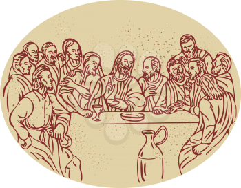 Drawing sketch style illustration of the last supper with Jesus and the apostles disciples set inside oval shape. 