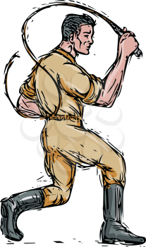 Drawing sketch style illustration of a lion tamer holding bullwhip viewed from the side set on isolated white background. 