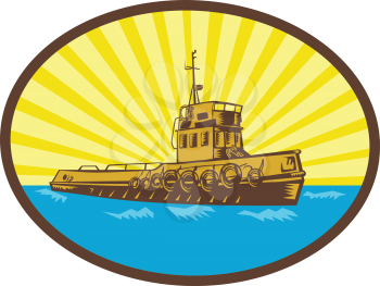 Illustration of a tugboat viewed from the side set inside oval shape with sunburst in the background done in retro woodcut style. 