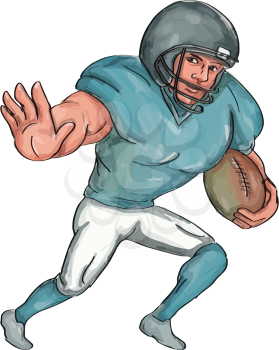 Caricature illustration of an american football player carrying ball with stiff arm forward defending viewed from front set inside on isolated white background.