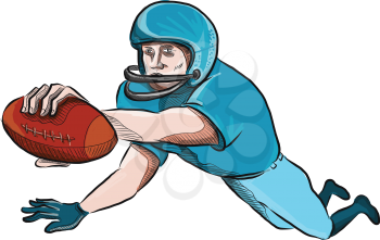 Drawing sketch style illustration of an american football gridiron receiver with ball scoring touchdown set on isolated white background.