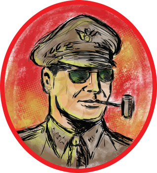 Watercolor style illustration of a world war 2 II general officer smoking a corn cob pipe set inside oval shape on isolated background. 