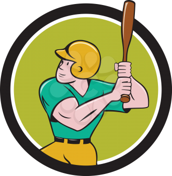 Illustration of an american baseball player batter hitter with bat batting set inside circle done in cartoon style isolated on background.