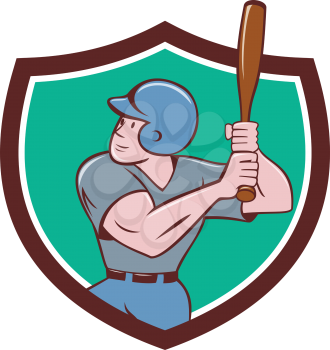 Illustration of an american baseball player batter hitter with bat batting set inside shield crest done in cartoon style isolated on background.