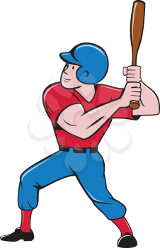Illustration of an american baseball player batter hitter holding bat batting viewed from the side set on isolated white background done in cartoon style.