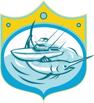 Illustration of a blue marlin and charter fishing boat in sea set inside shield crest done in retro style. 