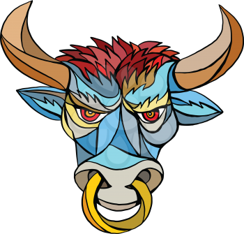 Mosaic style illustration of an angry raging bull head facing front set on isolated white background. 