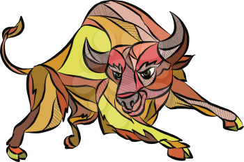 Drawing sketch style illustration of an angry raging bull facing front attacking charging set on isolated white background. 