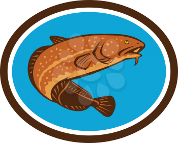 Illustration of a burbot, gadiform (cod-like) freshwater fish, viewed from a low angle set inside oval shape done in retro style. 