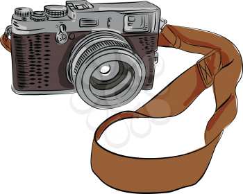 Drawing sketch style illustration of a vintage camera with srap viewed from front set on isolated white background. 