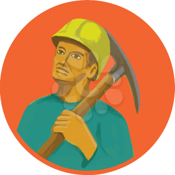 Watercolor style illustration of a coal miner wearing hardhat holding pick axe on shoulder looking to the side set inside circle.