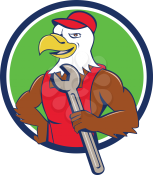 Illustration of a american bald eagle mechanic holding spanner looking to the side with one hand on hips set inside circle done in cartoon style. 