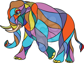 Mosaic style illustration of an angry elephant wth tusks walking viewed from the side set on isolated white background.