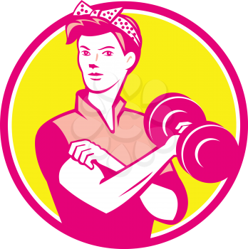 Illustration of a vintage female wearing polka dot headband workout lifting dumbbell facing front set inside circle done in retro style.
