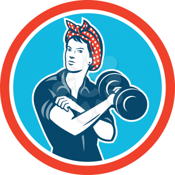 Illustration of a vintage female wearing polka dot headband working-out flexing muscle lifting dumbbell facing front set inside circle done in retro style.