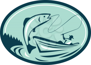 Illustration of a fly fisherman fishing on boat reeling a trout salmon fish set inside oval shape done in retro style.