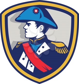 Illustration of French general commander Napoleon Bonaparte wearing bicorne bicorn hat twihorn hat looking to side set inside crest done in retro style.