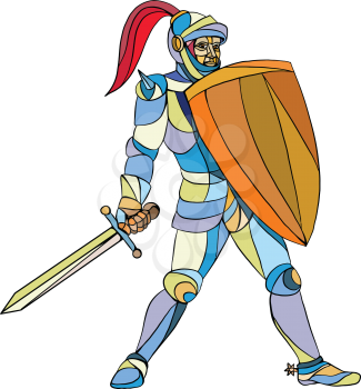 Mosaic style illustration of knight in full armor holding sword and shield defending  set on isolated white background. 