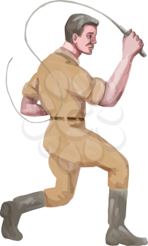 Watercolor style illustration of a lion tamer holding bullwhip viewed from the side set on isolated white background. 