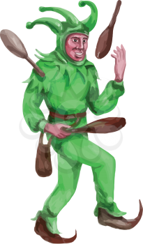 Watercolor style illustration of a Medieval juggler toss juggling sticks wearing jester hat on isolated background. 