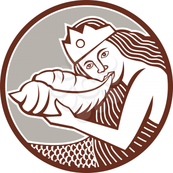 Illustration of a mermaid wearing crown blowing a shell horn set inside circle done in retro style on isolated backgound.