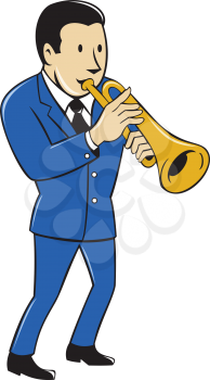Illustration of a musician playing trumpet viewed from front on isolated white background done in cartoon style.