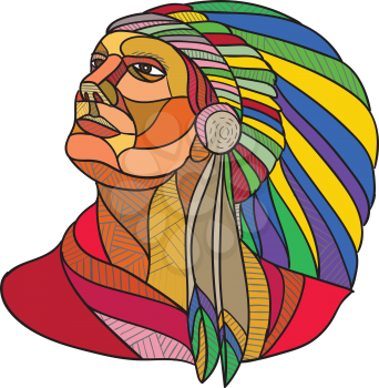 Drawing sketch style illustration of a native american indian chief warrior with headdress looking to the side set on isolated white background.