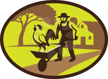 Illustration of an amish farmer wearing hat holding wheelbarrow with rooster on top set inside oval shape with tree and farmhouse in the background done in retro style. 