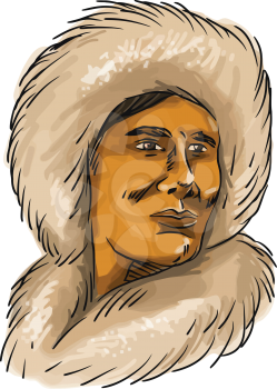 Watercolor style illustration of a male Eskimo Inuit bust wearing a hooded simple fur parka set on isolated white background.